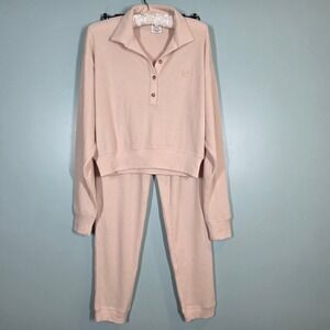 Victoria's Secret PINK Waffle Knit Lounge Set Cream Top S Pants XS Sleepwear